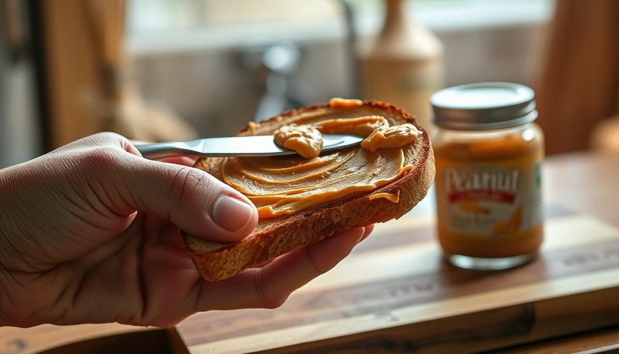 Spreading peanut butter on toast, high-protein low-carb snack.