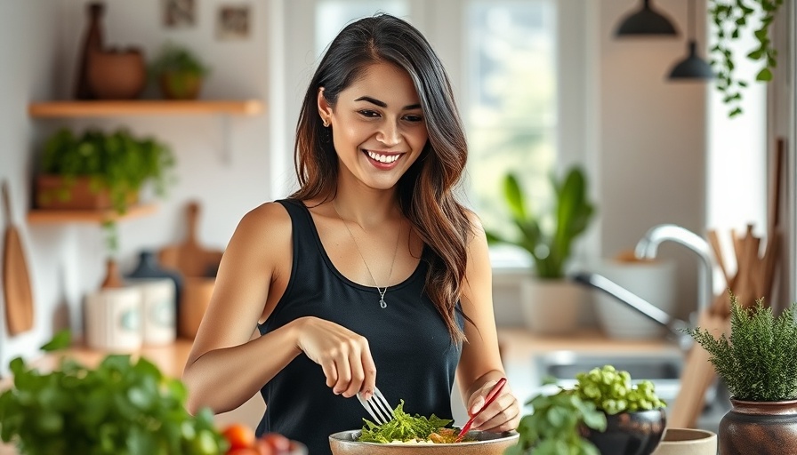 Smiling woman preparing a healthy meal in a bright kitchen.
