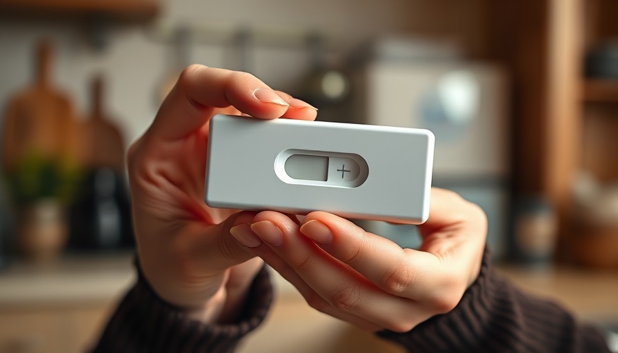Close-up of hands examining at-home STI test box in a kitchen.