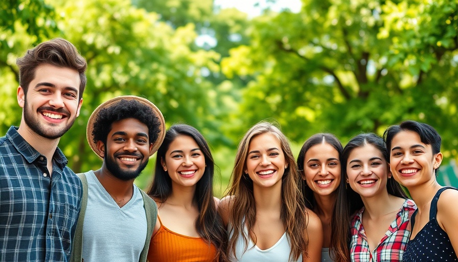 Group of friends playing celebrity smile guessing game, outdoors.