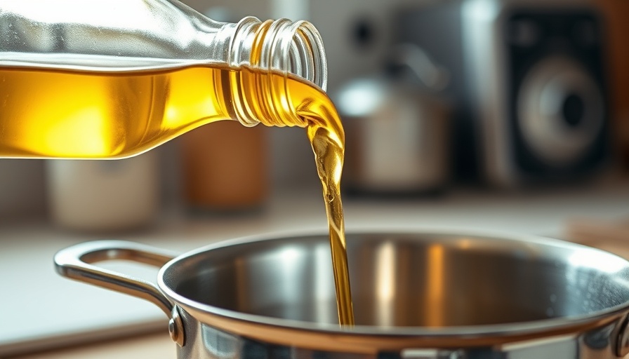 Close-up of oil pouring from a bottle into a pot, kitchen background.