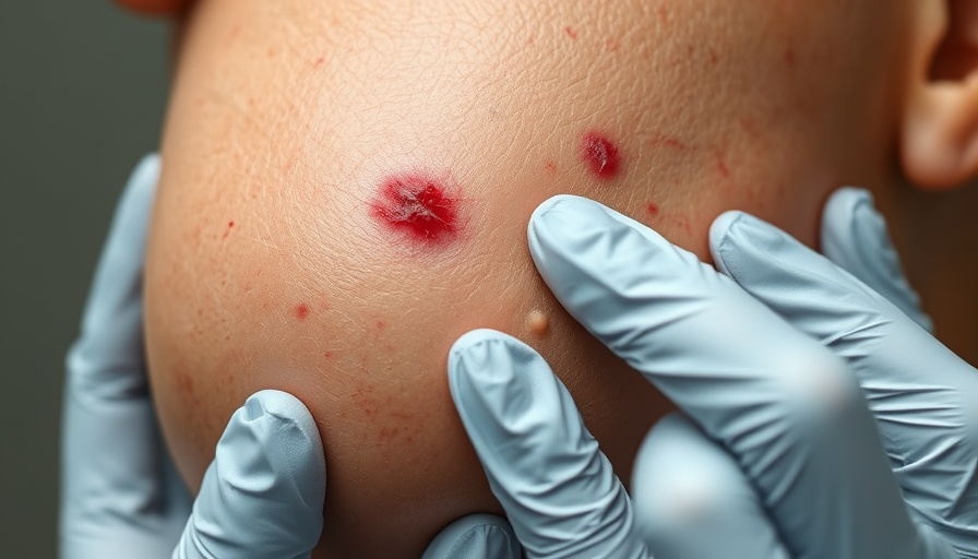 Close-up of skin rash diagnosis and treatment with gloved hands.