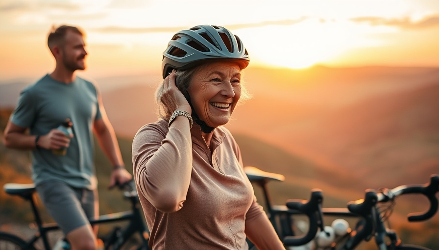 Joyful older woman biking in scenic hills at sunset.