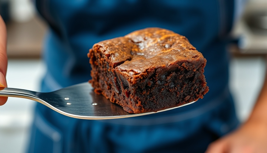 Close-up of a brownie on a spatula with a blue apron background.