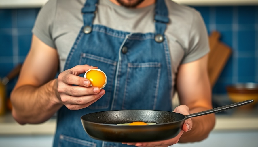 Man contemplating healthy breakfast eggs in frying pan.