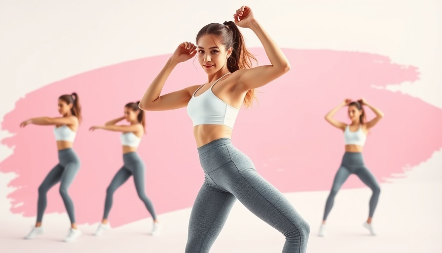 Glute workout at home demonstration with pink brushstroke background.
