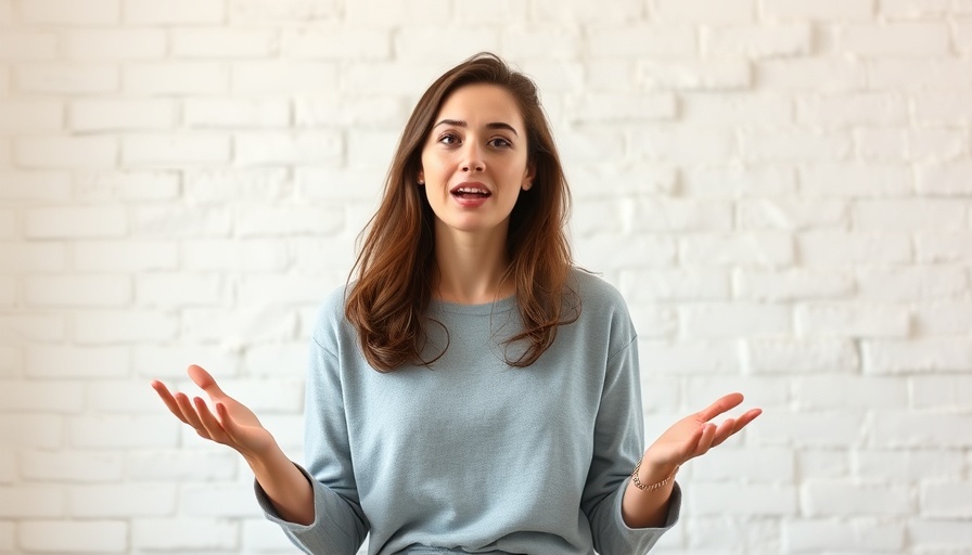 Young woman explaining a 30-minute workout program, standing in a neutral setting.