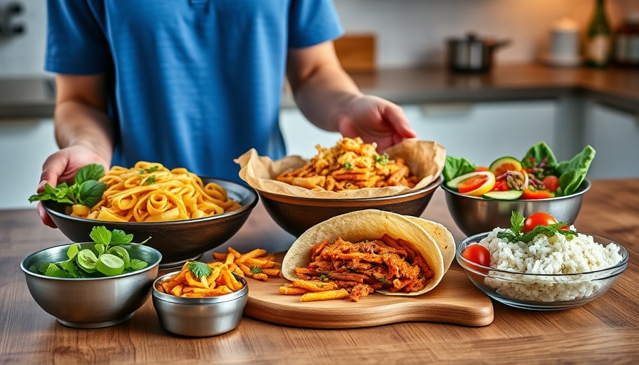 An array of quick healthy meals featuring pasta, taco, and rice bowls.
