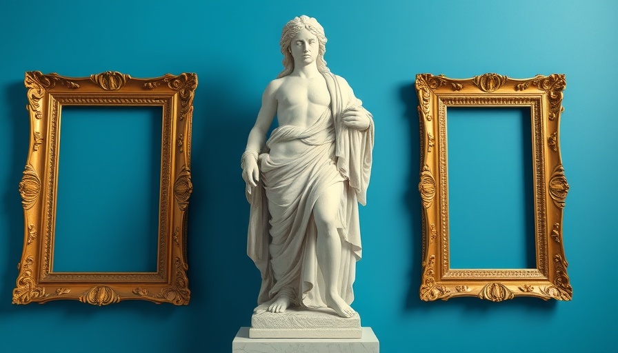 Classic Greek statue in frames against a blue backdrop.
