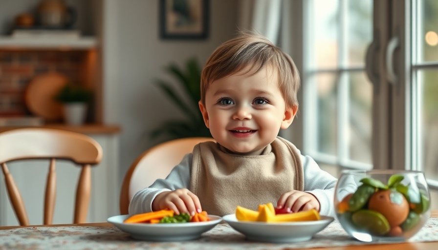 Healthy toddler meals with smiling toddler at dining table.