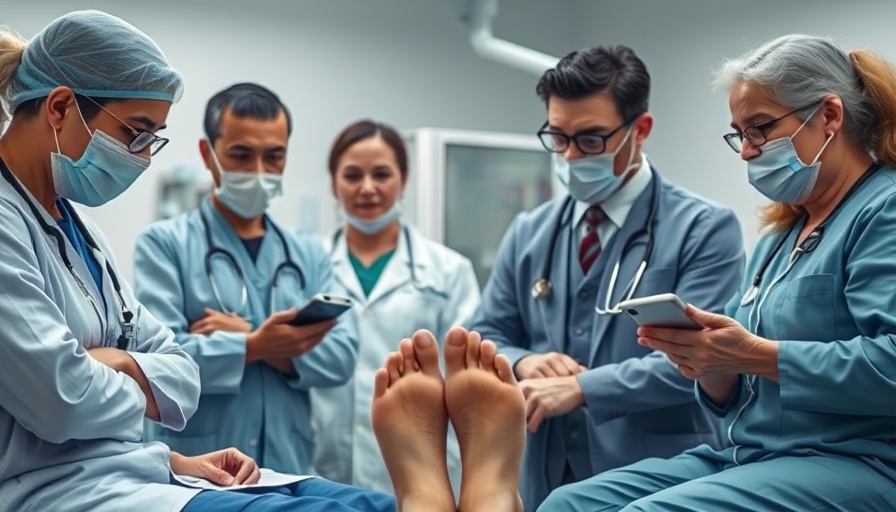 Diabetic foot care scene with medical professionals in a clinic.