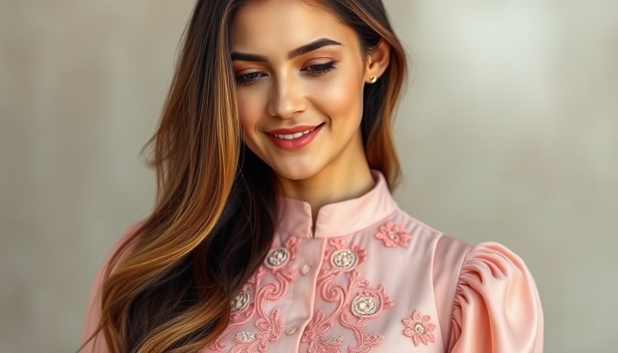 Elegant woman smiling subtly in a pastel pink blouse
