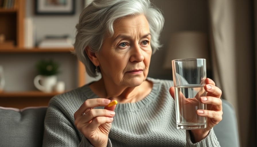 Older woman holding pill and glass, exploring antidepressants and heart attack link.