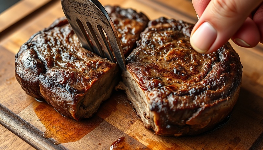 Juicy mushroom steak sliced on a wooden board, healthy mushroom steak recipe.