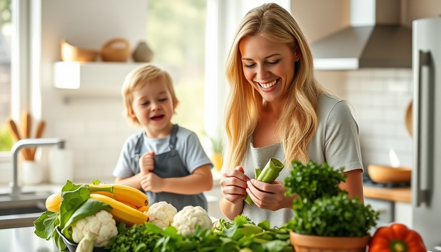 Smiling woman with child preparing vegetables in a bright kitchen, healthy eating.