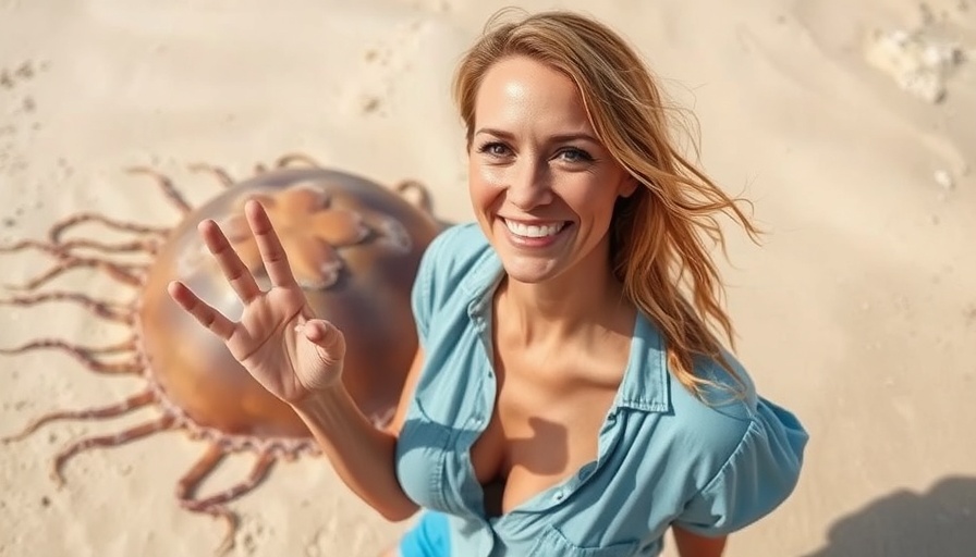 Smiling woman warning about jellyfish stings on a sunny beach.