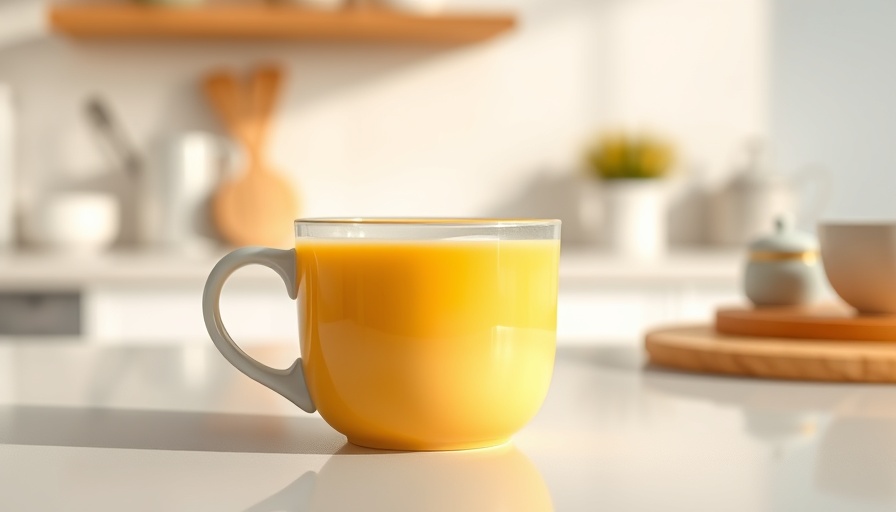Vibrant mug of golden milk with honey dipper on a light background, benefits of drinking golden milk.