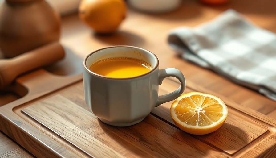 Warm turmeric latte in ceramic cup with lemon slice; brain health