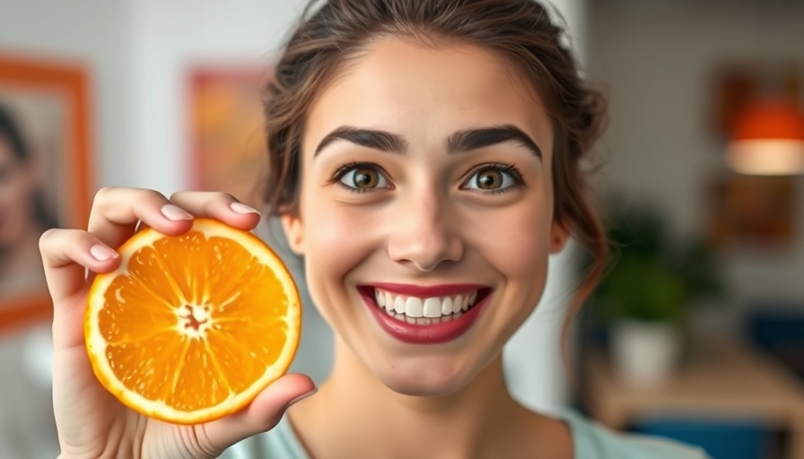 Woman using an orange for teeth whitening, curious expression.