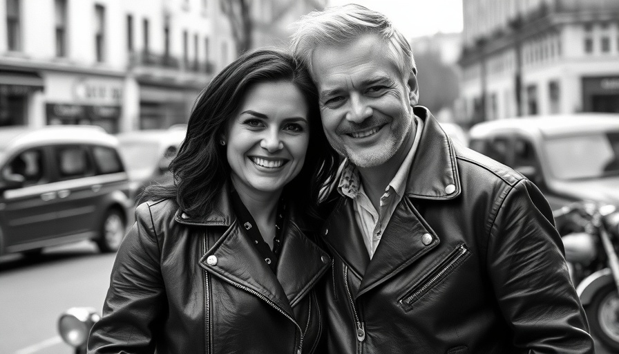 Vintage photo of a couple smiling outdoors, vehicles behind.