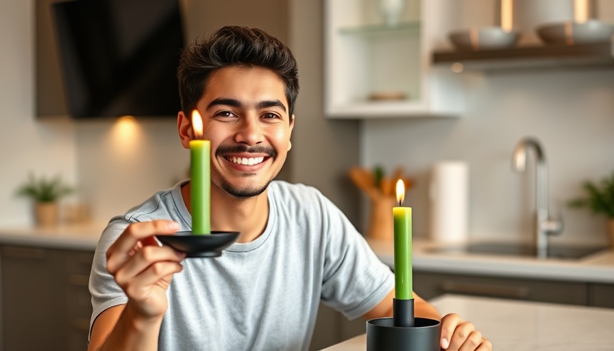Person demonstrating candle safety tips with a green candle on a kitchen counter.