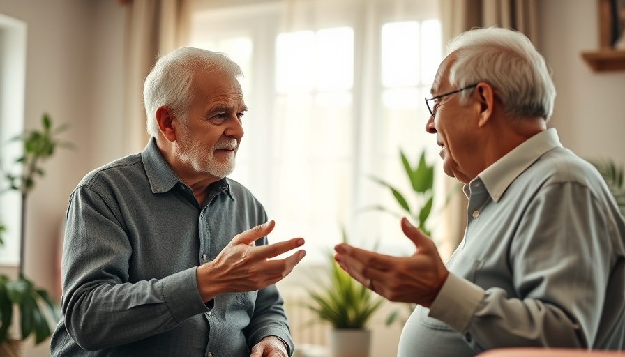Elderly couple communicating with sign language in living room, hearing aids visible.