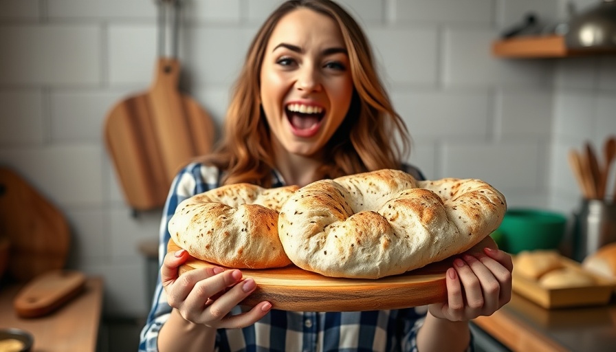 Young woman showcasing fluffy pita bread in a kitchen.
