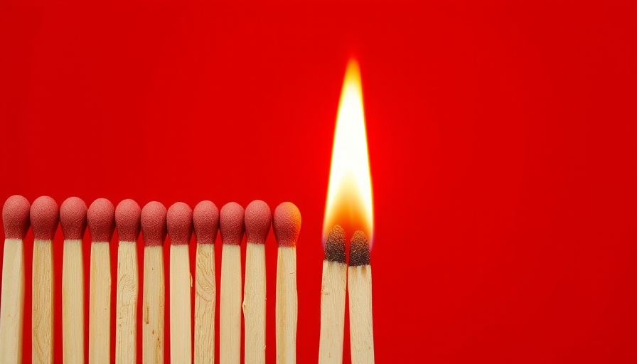 Row of matchsticks with two burning on red background.