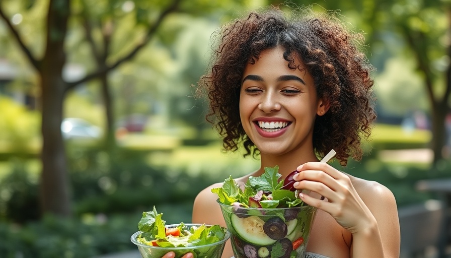 Woman eating salad outdoors, promoting eating fewer ultra-processed foods.