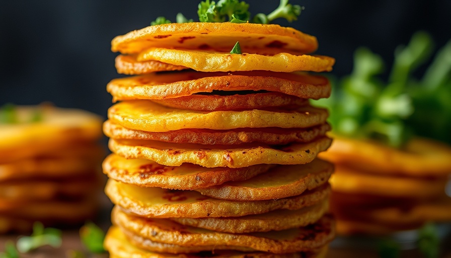 Delicious wild garlic potato towers on a plate, close-up.