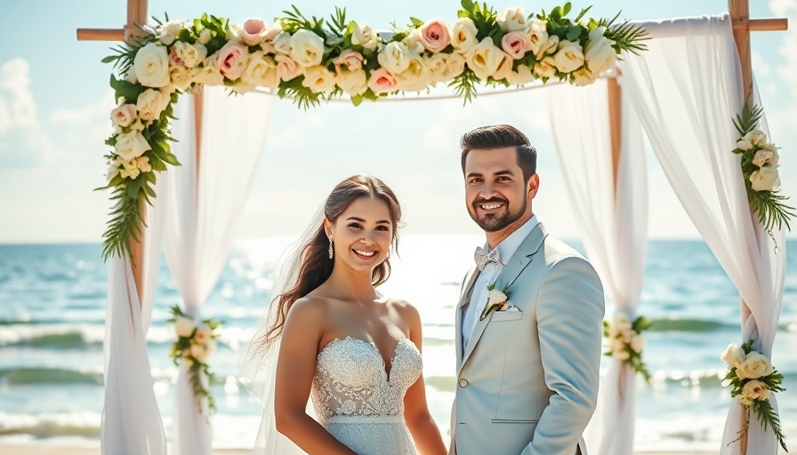 Couple at beach wedding altar celebrating love relationships health.