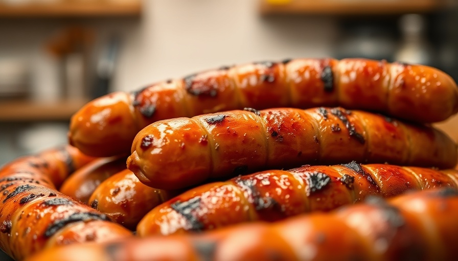 Close-up of sausages potentially linked to sausage recall for plastic contamination.