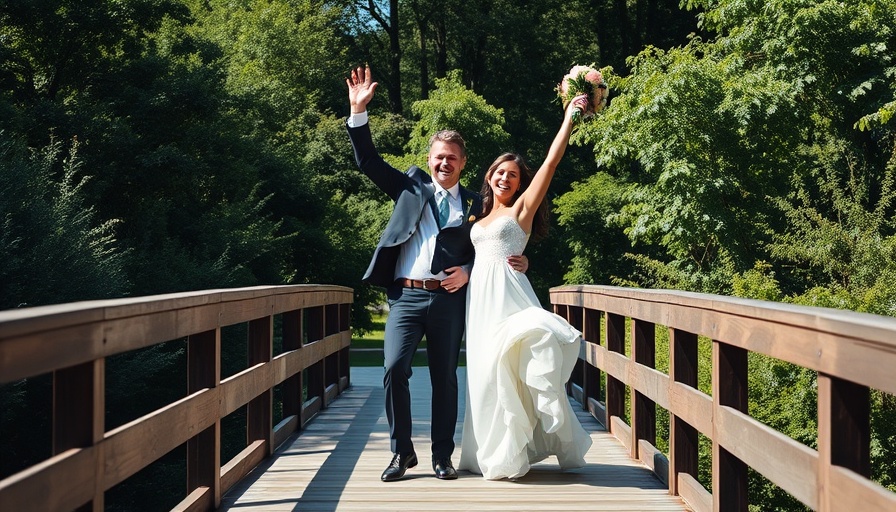 Couple celebrating on a bridge surrounded by nature.