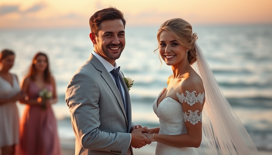Bride and groom at beach wedding during sunset.