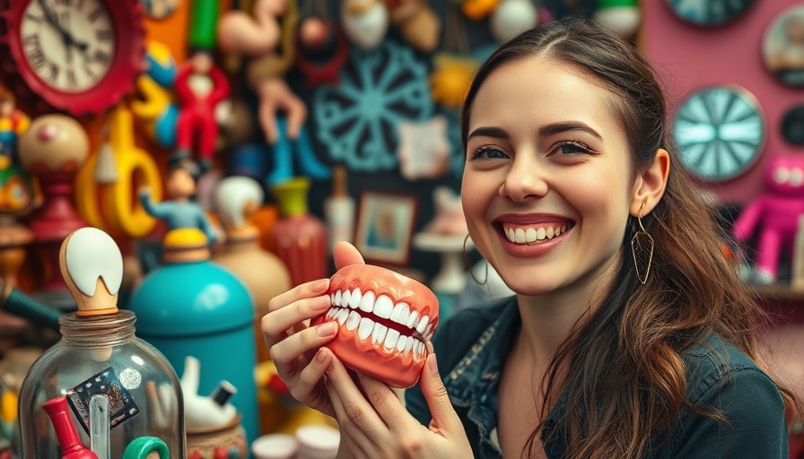 Young woman excitedly explores colorful thrift store finds, highlighting dental novelty.