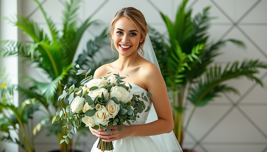 Joyful bride indoors with bouquet near geometric wall.