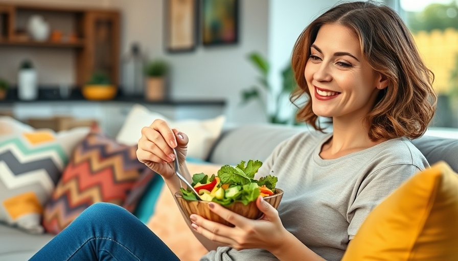 Woman enjoying salad on sofa, low-calorie keto diet concept.
