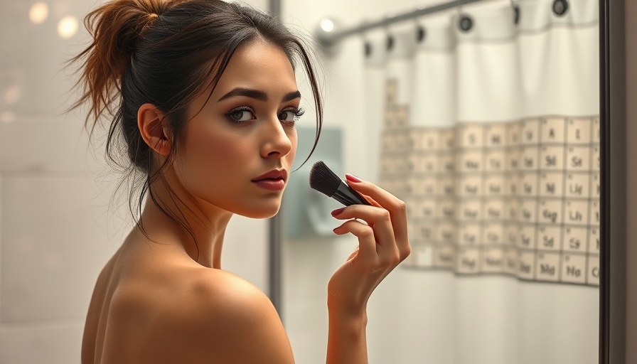 Young woman preparing in a bathroom with a periodic table decor.