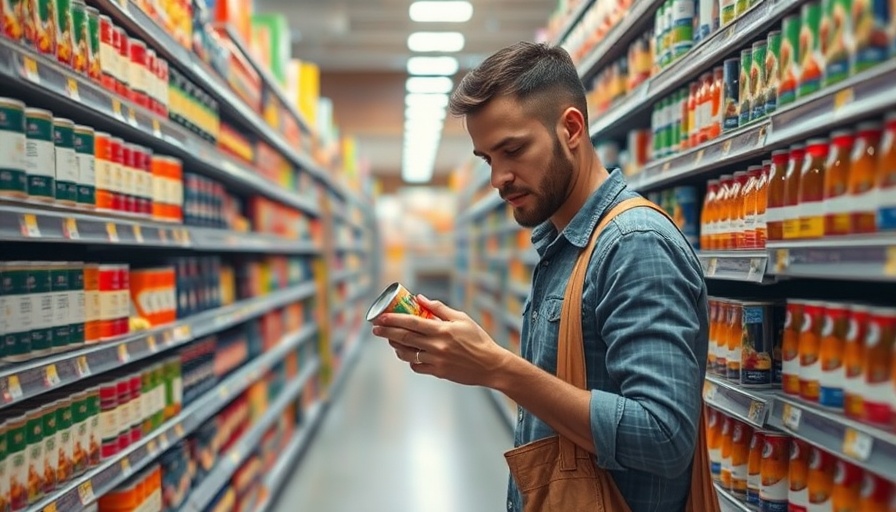 Shopper examining canned soup amid recall concerns in grocery store.