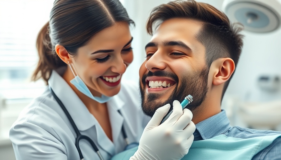 Dentist examining patient in clinic; gun violence impacts dental health context.