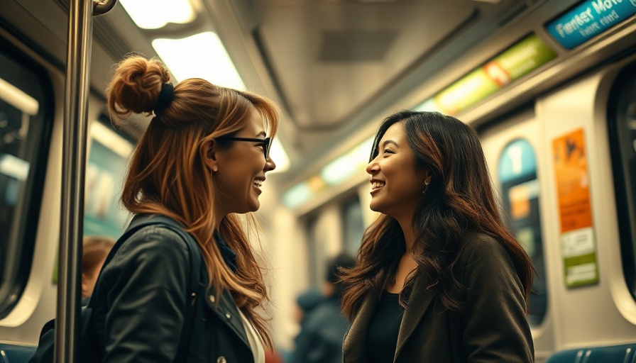 Woman humorously discussing skin concerns on public transport.