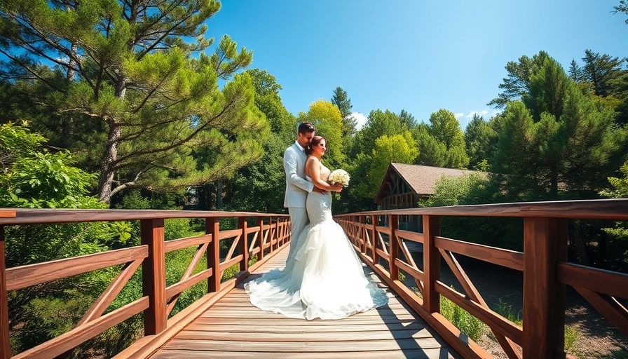 Romantic couple on a bridge under a blue sky.
