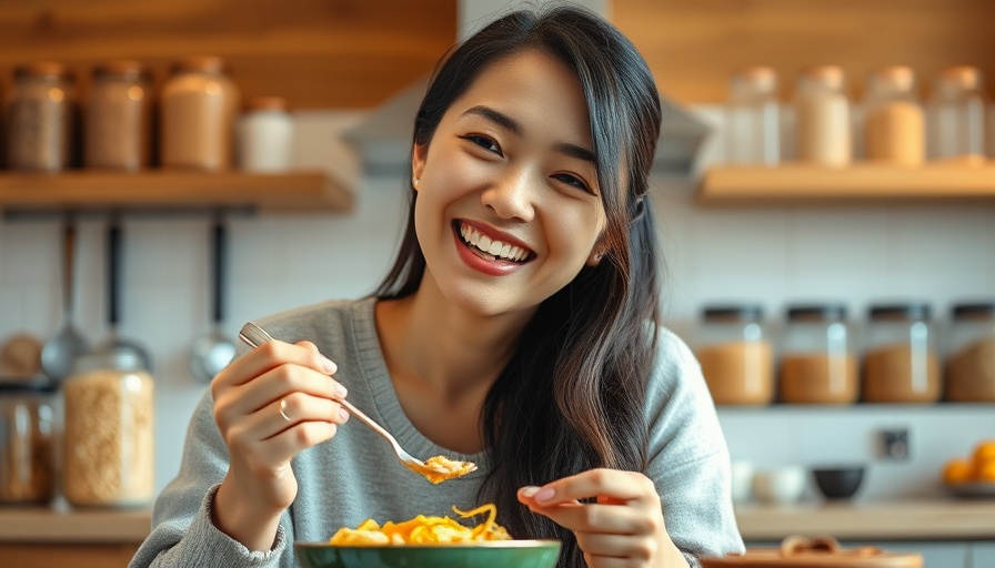 Smiling woman enjoying a meal to eat to prevent Alzheimer’s in a modern kitchen.