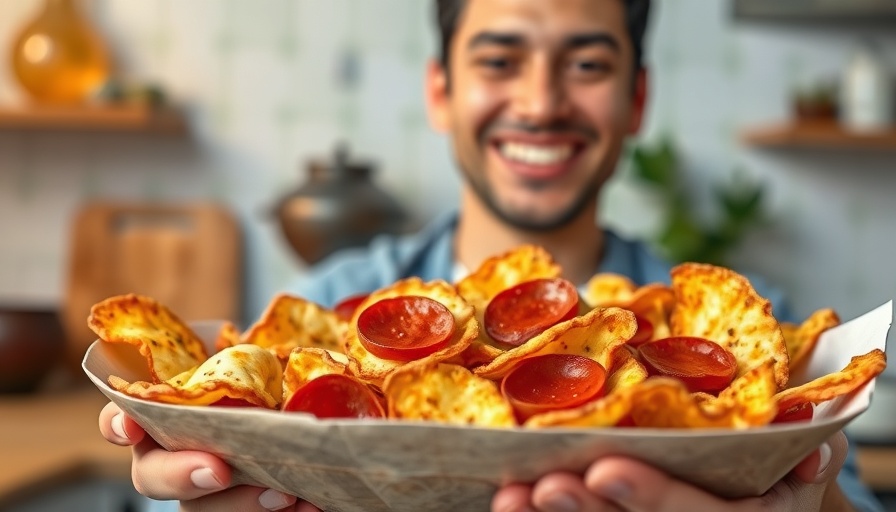 Low carb pizza chips with pepperoni in kitchen.