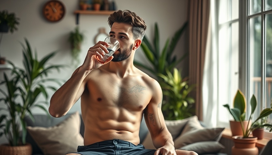 Fit man drinking water at home, impacts of fasting on health.