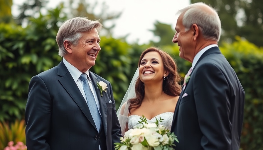 Smiling bride in white gown with older man outdoors.