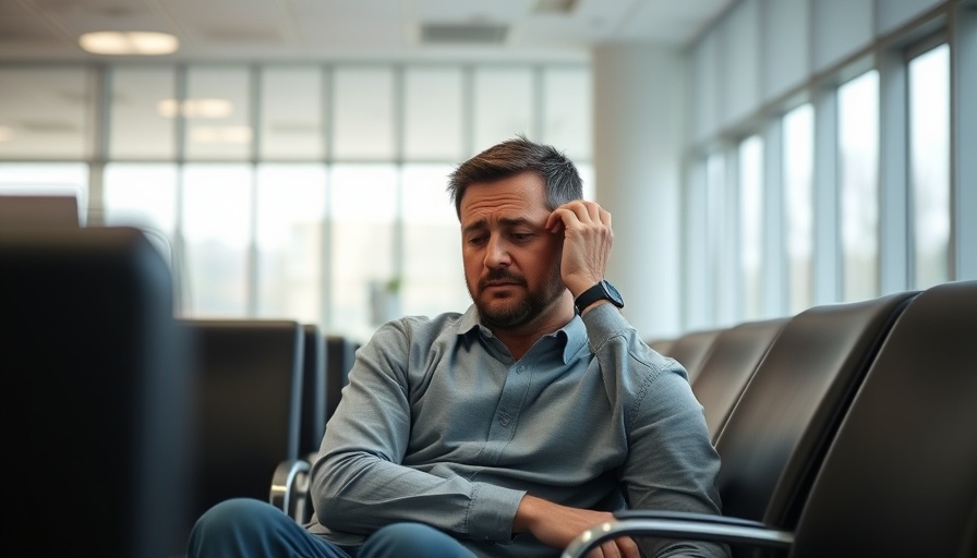 Man in clinic waiting room experiencing gout pain relief discussion.