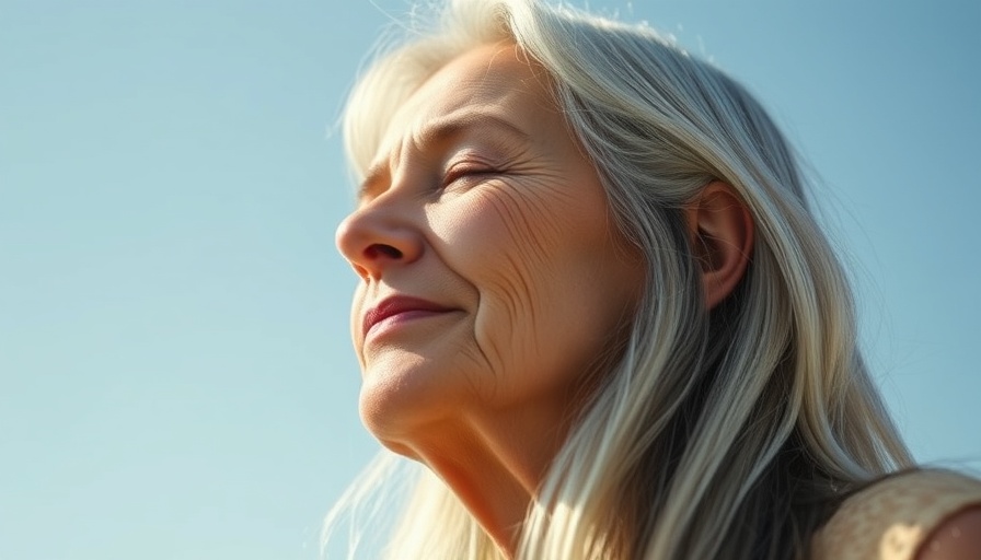 Older woman with gray hair enjoying sunlight, serene expression.