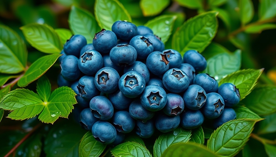 Close-up of wild blueberries for brain health in vibrant green leaves.