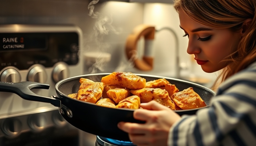 Salmonella infection prevention: cooked chicken in a pan with a woman instructing.